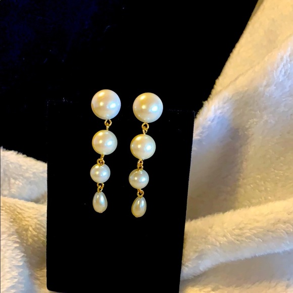 Faux Pearl and Gold 2” Dangling Post Earrings - Picture 1 of 4